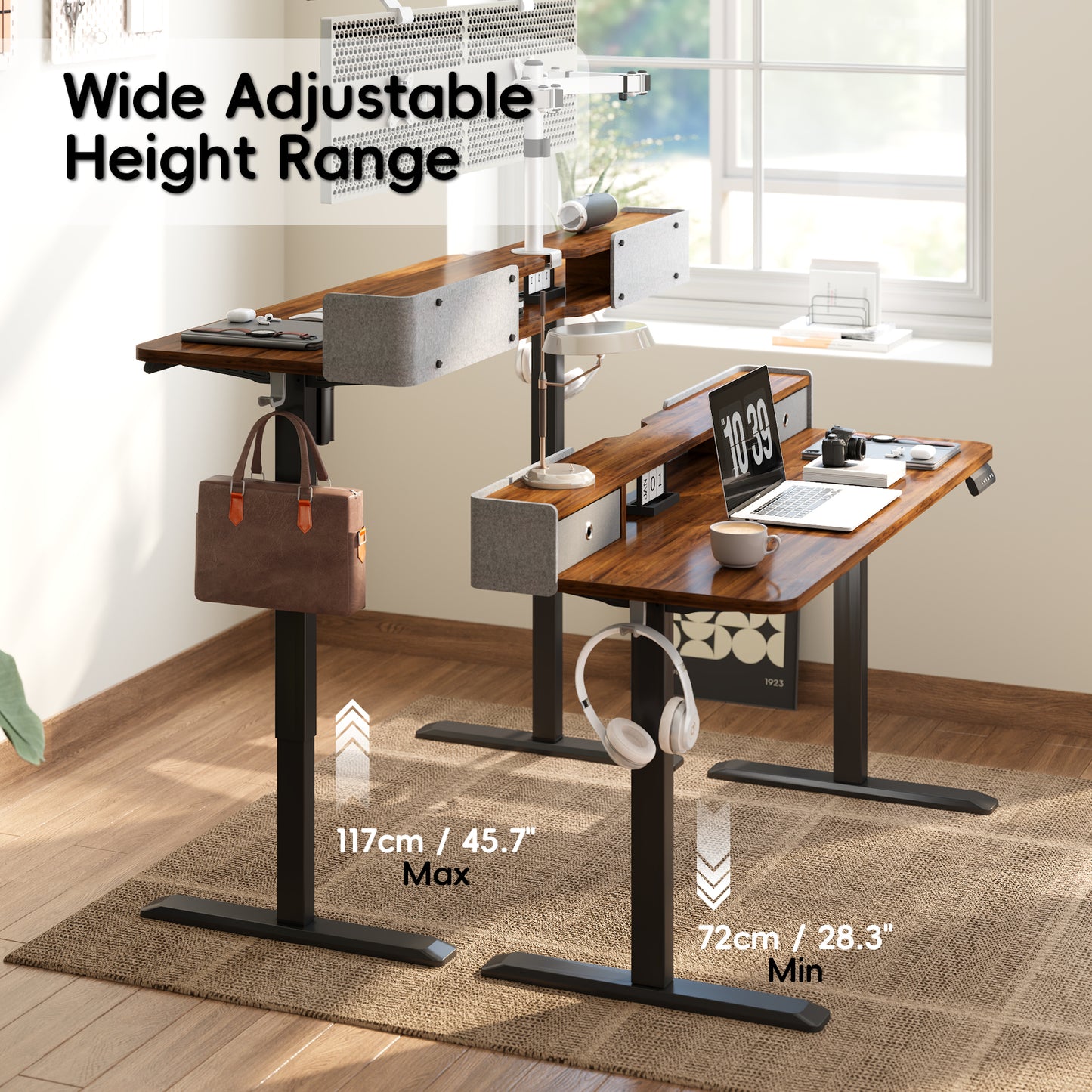 TRALT Electric Standing Desk 48 Inch Height with 2 Drawers-Adjustable Height Desk with Storage Shelf - Sit Stand Up Workstation