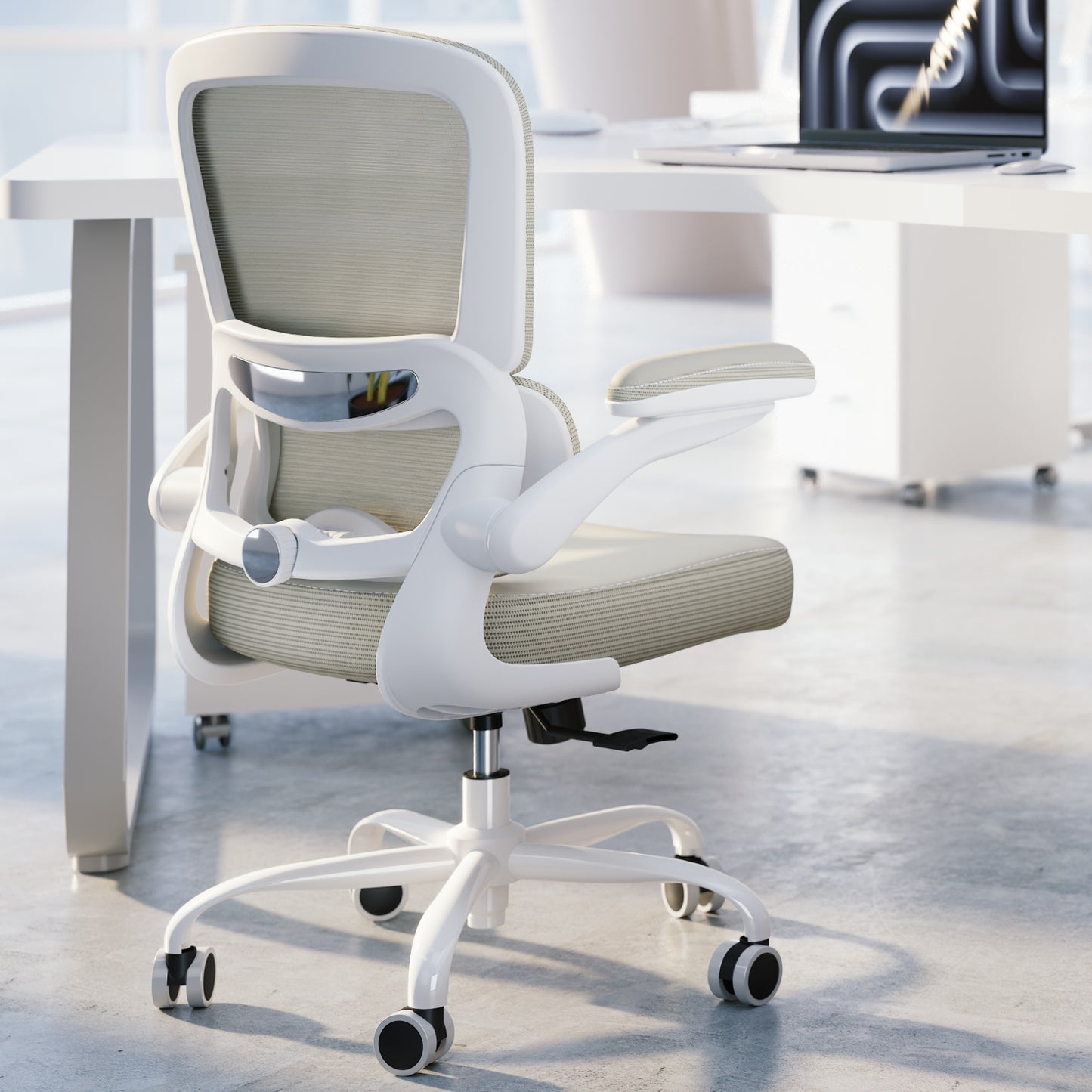TRALT Ergonomic Office Chair - Desk Chair with Adjustable Lumbar Support Computer Chair - Mesh Comfy Chair with Flip-up Armrests - Gaming Chairs for Adults Home Office (Leather, White)