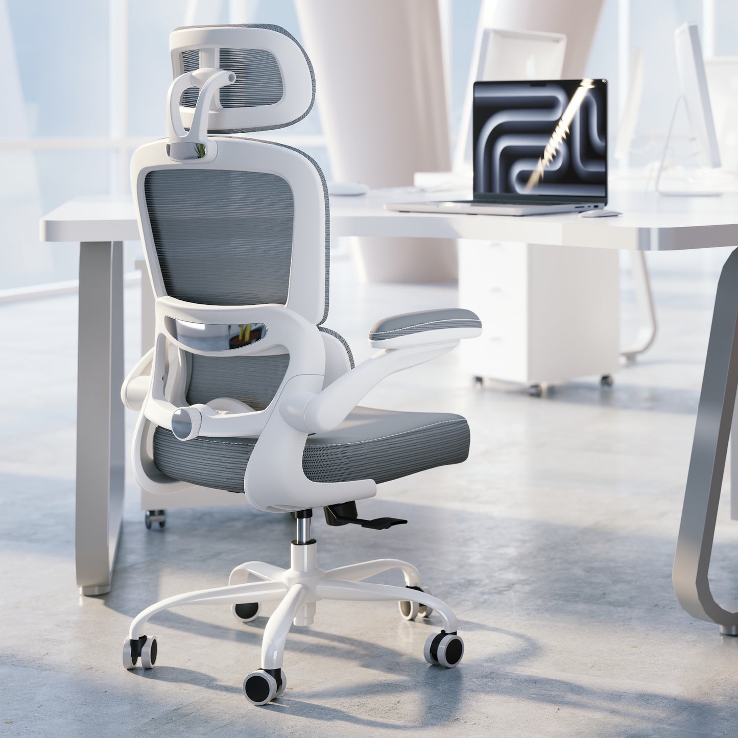 TRALT Ergonomic Office Chair - Desk Chair with Adjustable Headrest Lumbar Support Computer Chair - Mesh Comfy Chair with Flip-up Armrests - Gaming Chairs for Adults Home Office (Leather, White)