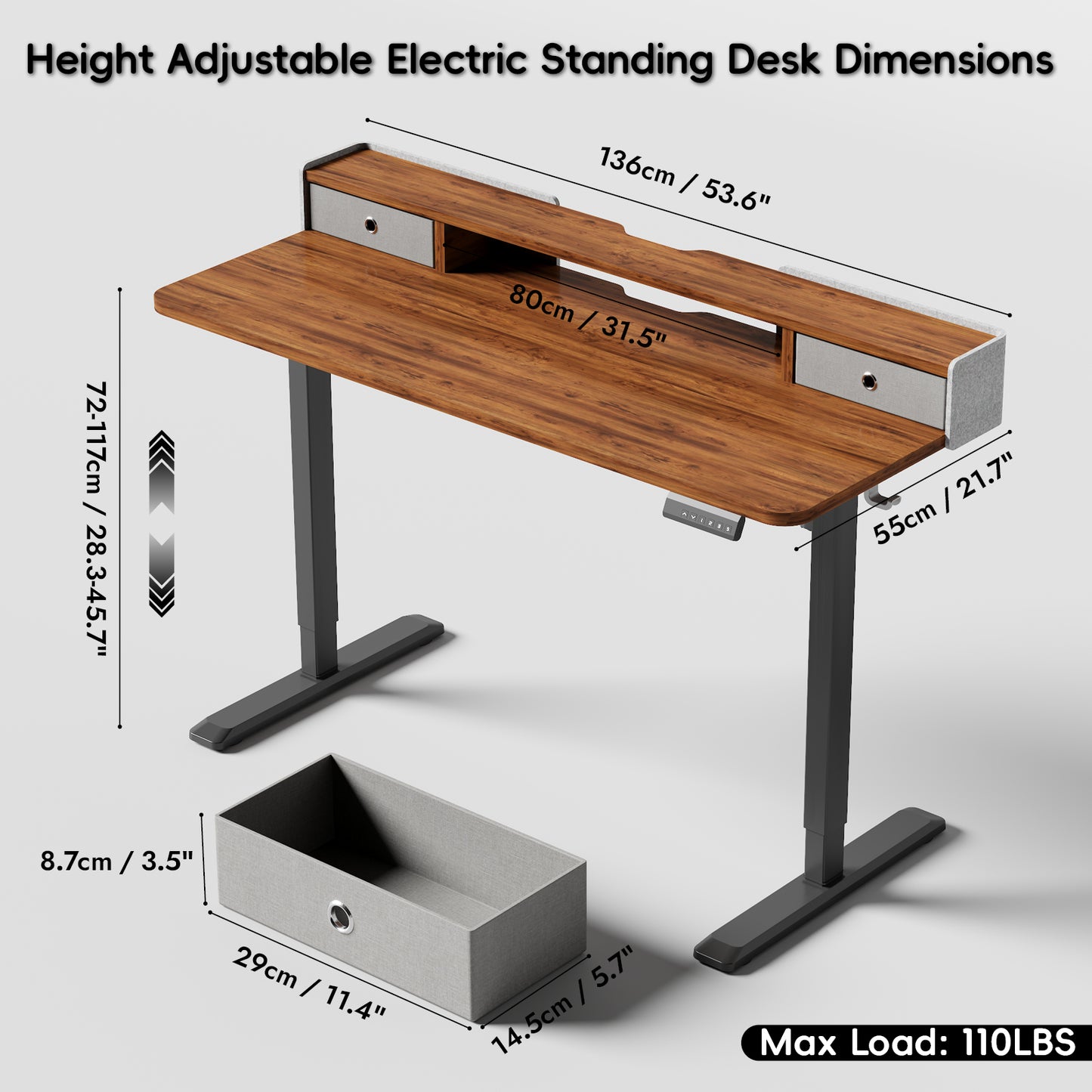 TRALT Electric Standing Desk 48 Inch Height with 2 Drawers-Adjustable Height Desk with Storage Shelf - Sit Stand Up Workstation