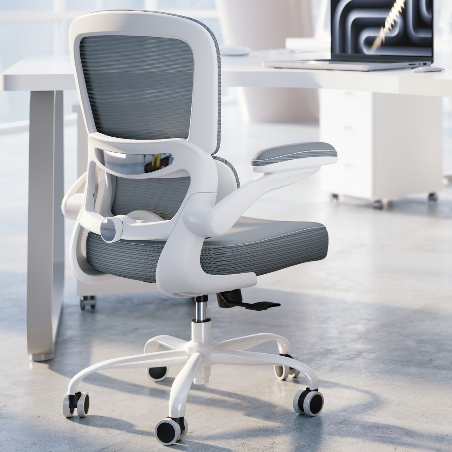 TRALT Ergonomic Office Chair - Desk Chair with Adjustable Lumbar Support Computer Chair - Mesh Comfy Chair with Flip-up Armrests - Gaming Chairs for Adults Home Office (Leather, White)