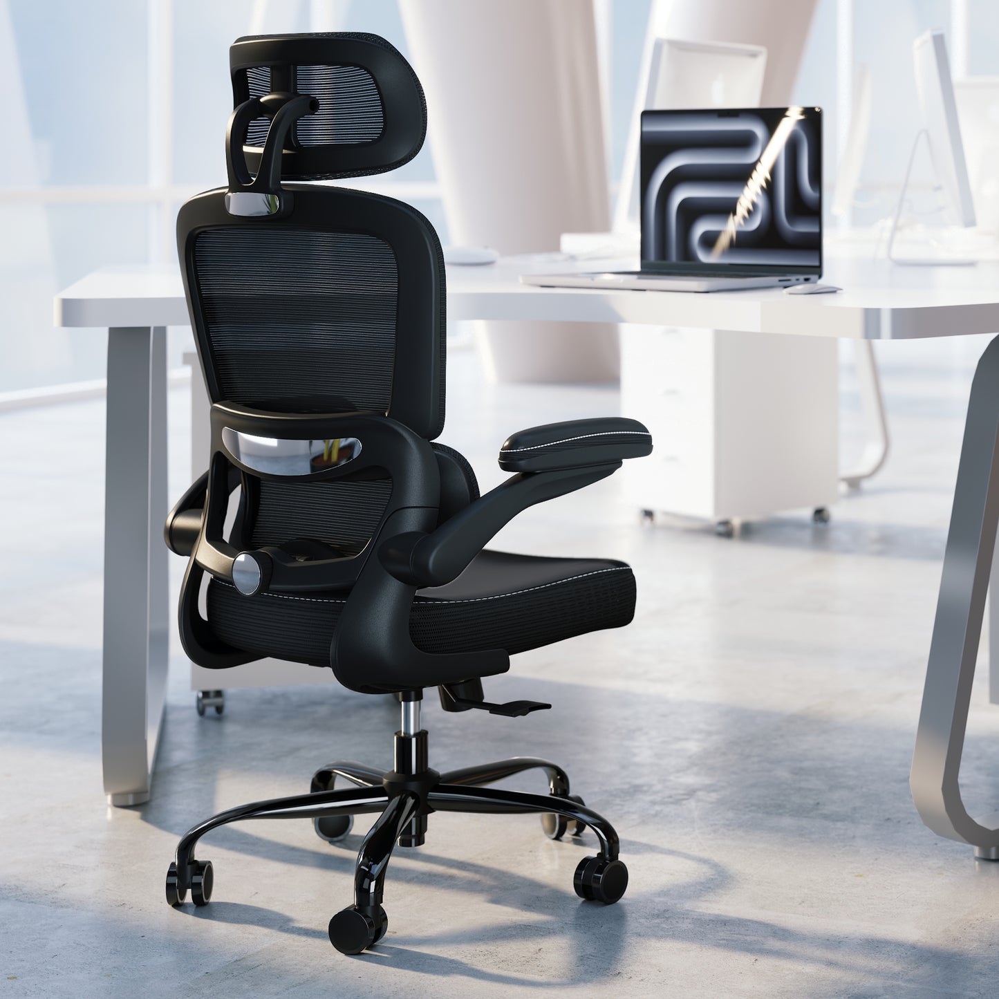 TRALT Ergonomic Office Chair - Desk Chair with Adjustable Headrest Lumbar Support Computer Chair - Mesh Comfy Chair with Flip-up Armrests - Gaming Chairs for Adults Home Office (Leather, White)
