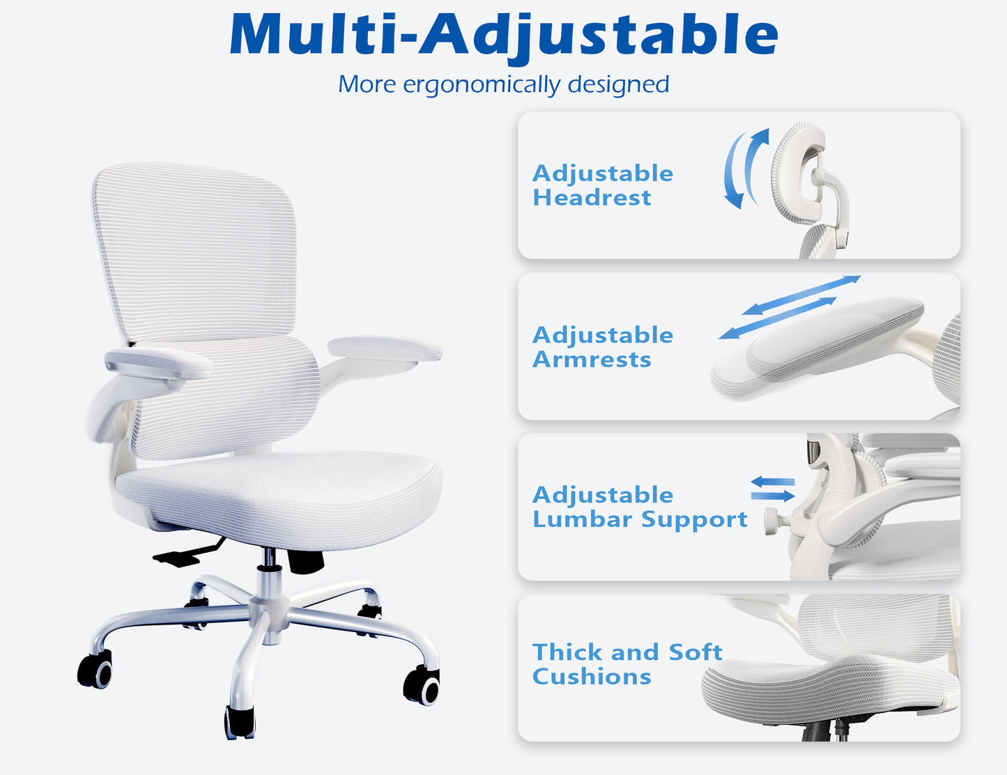 TRALT Ergonomic Office Chair - Desk Chair with Adjustable Lumbar Support Computer Chair - Mesh Comfy Chair with Flip-up Armrests - Gaming Chairs for Adults Home Office (Leather, White)