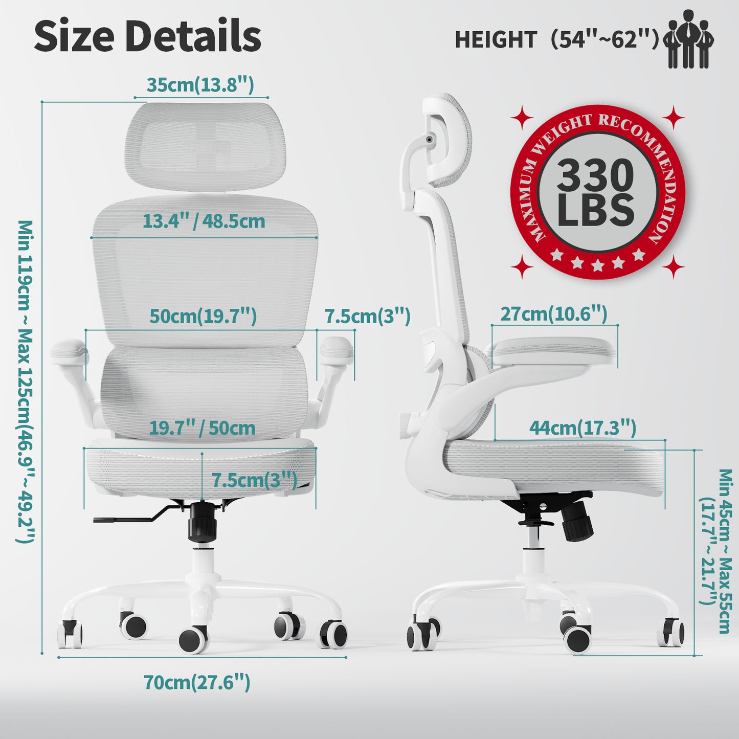 TRALT Ergonomic Office Chair - Desk Chair with Adjustable Headrest Lumbar Support Computer Chair - Mesh Comfy Chair with Flip-up Armrests - Gaming Chairs for Adults Home Office (Leather, White)