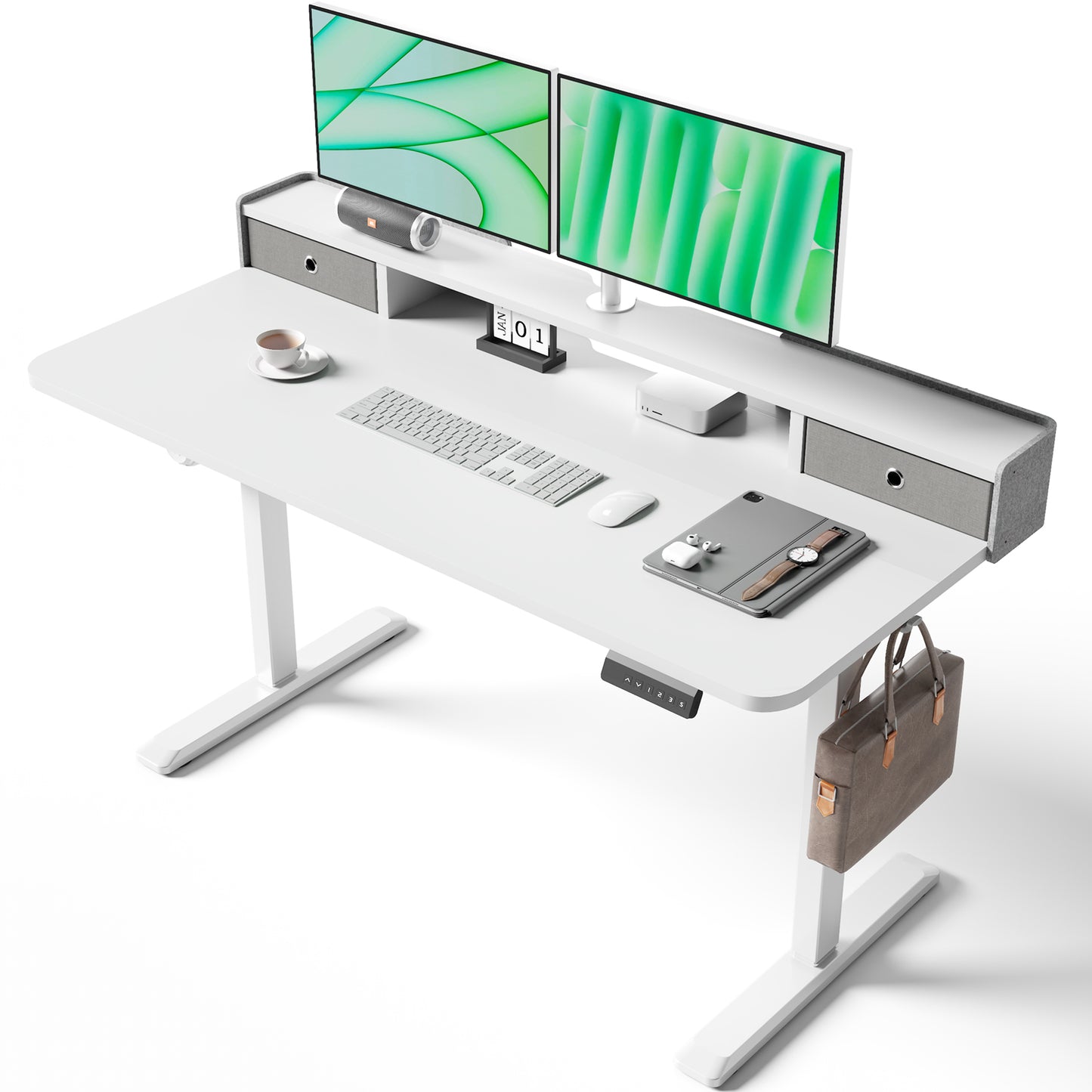 TRALT Electric Standing Desk 48 Inch Height with 2 Drawers-Adjustable Height Desk with Storage Shelf - Sit Stand Up Workstation