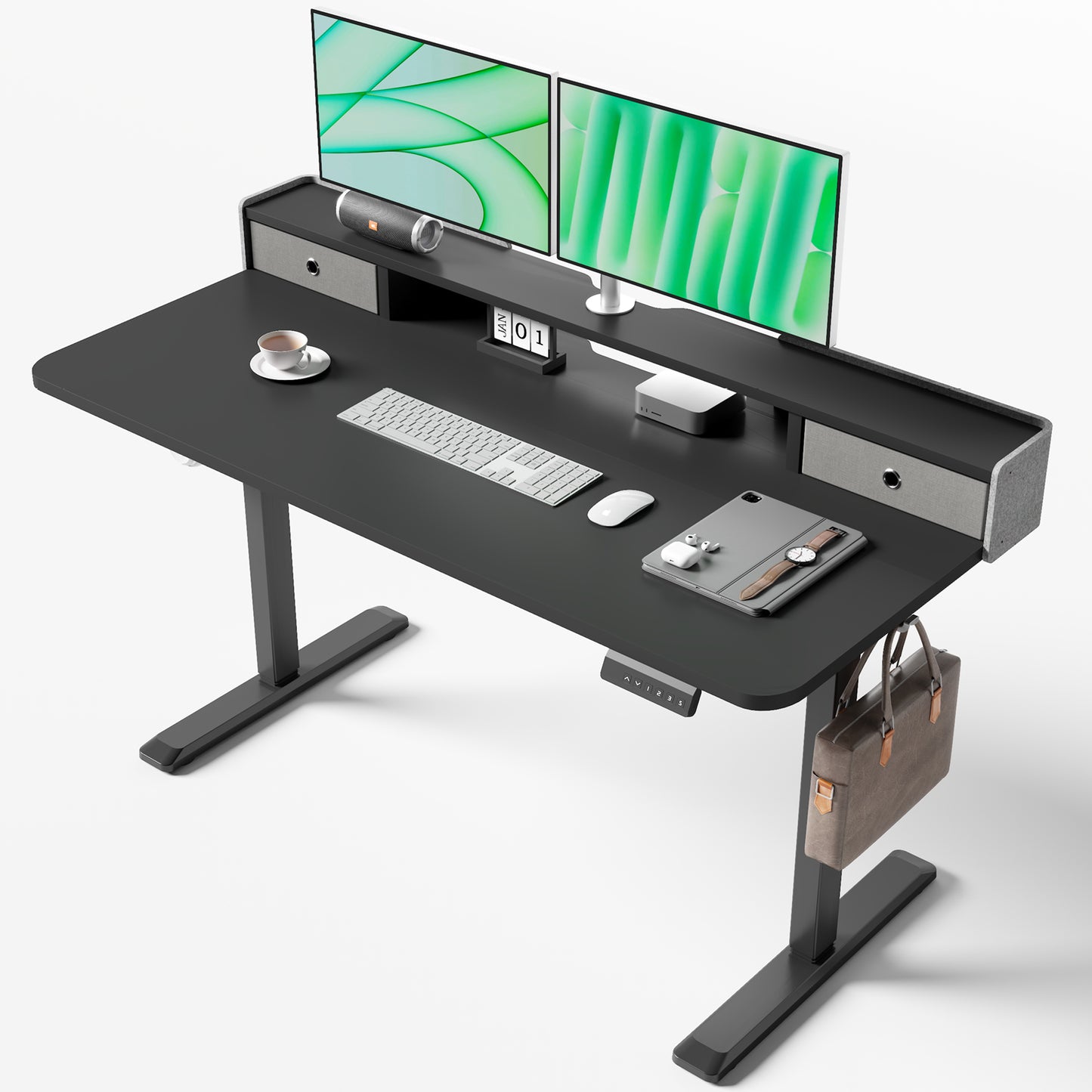 TRALT Electric Standing Desk 48 Inch Height with 2 Drawers-Adjustable Height Desk with Storage Shelf - Sit Stand Up Workstation