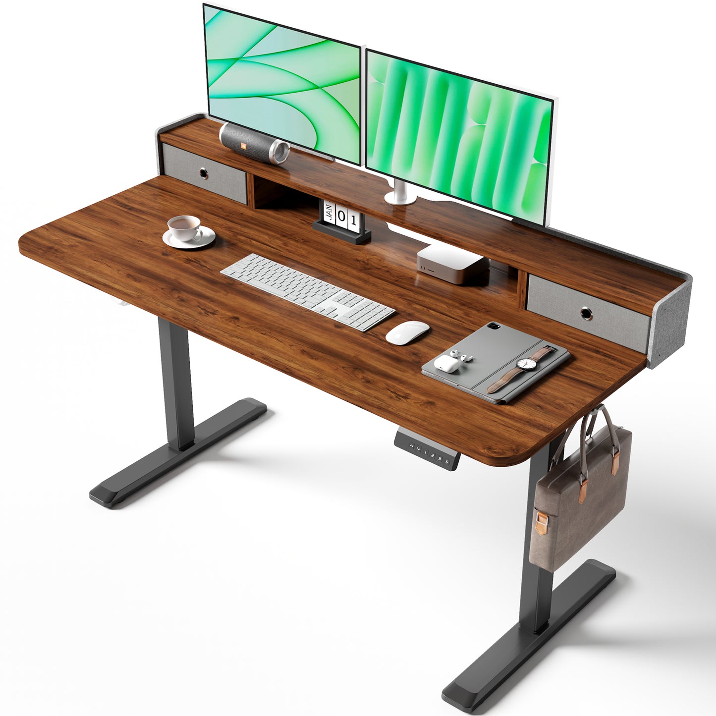 TRALT Electric Standing Desk 48 Inch Height with 2 Drawers-Adjustable Height Desk with Storage Shelf - Sit Stand Up Workstation