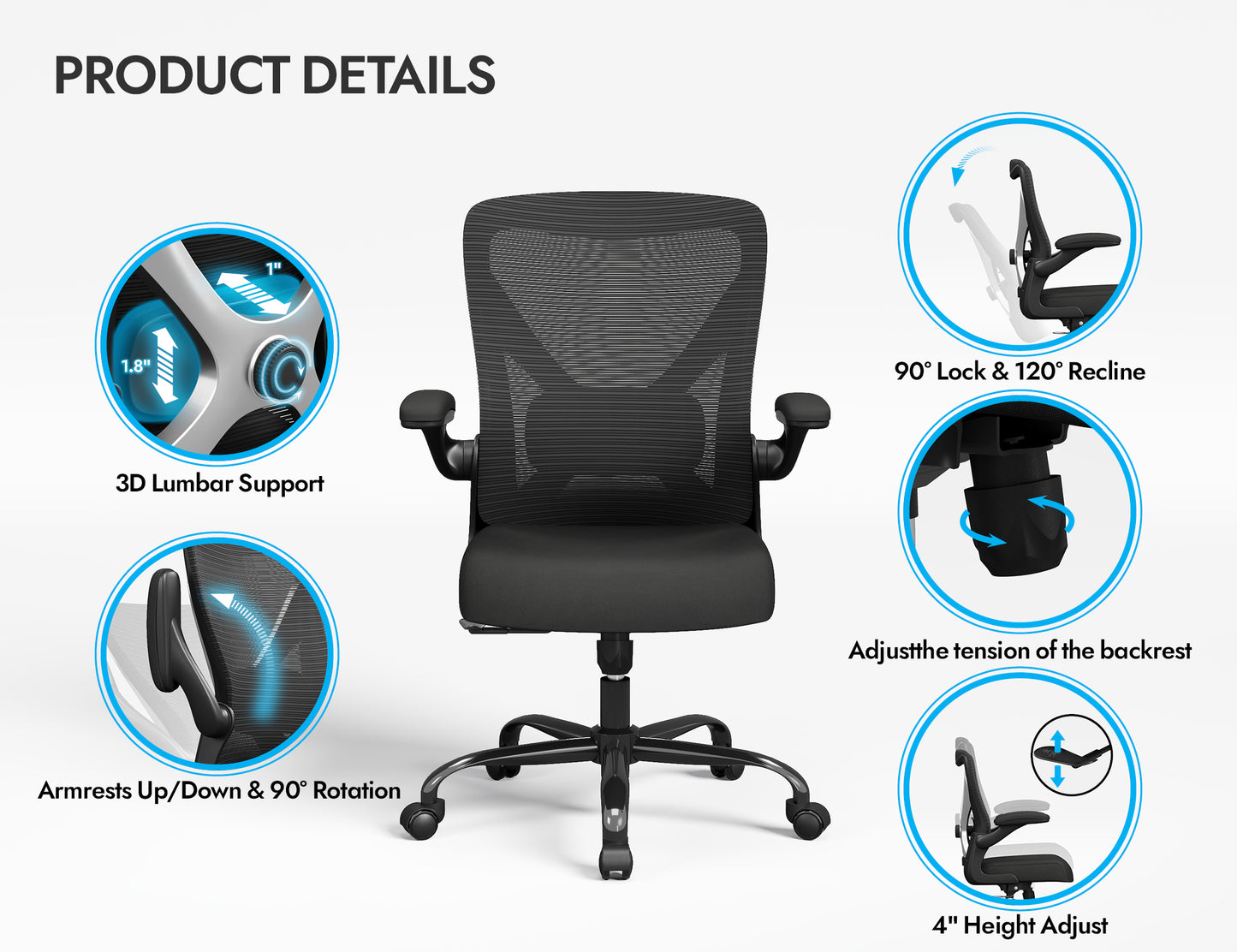Ergonomic Office Chair - X-Shaped Computer Desk Chairs Comfy, Mesh High-Back Gaming Chair with Adjustable Lumbar Support, Executive Task Chair for Adults, Comfortable for Long Hours