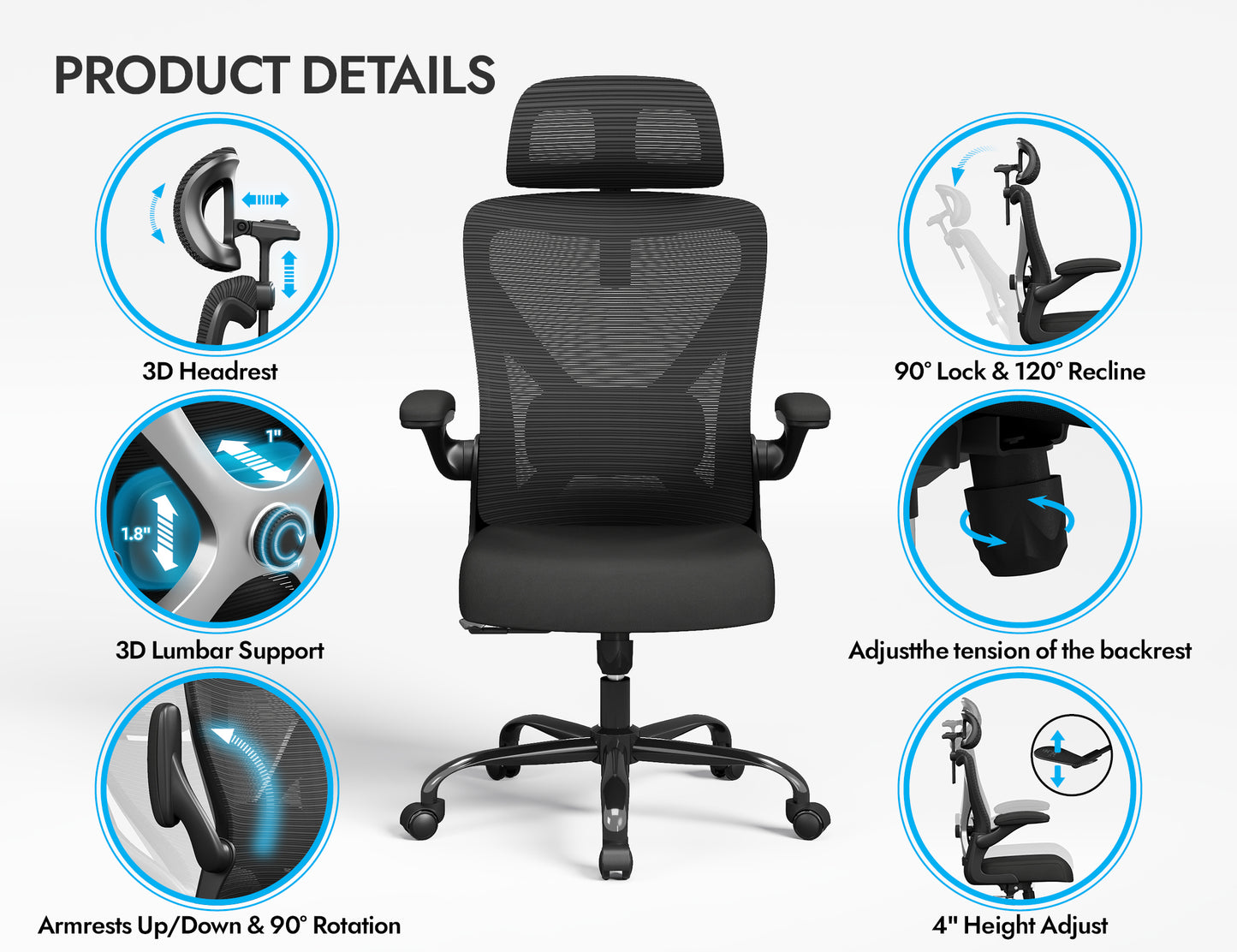 Ergonomic Office Chair - Mesh Desk Chair with Adjustable Lumbar Support High Back Computer Gaming Chairs - Big and Tall Office Chairs Adults, Comfortable for Long Hours