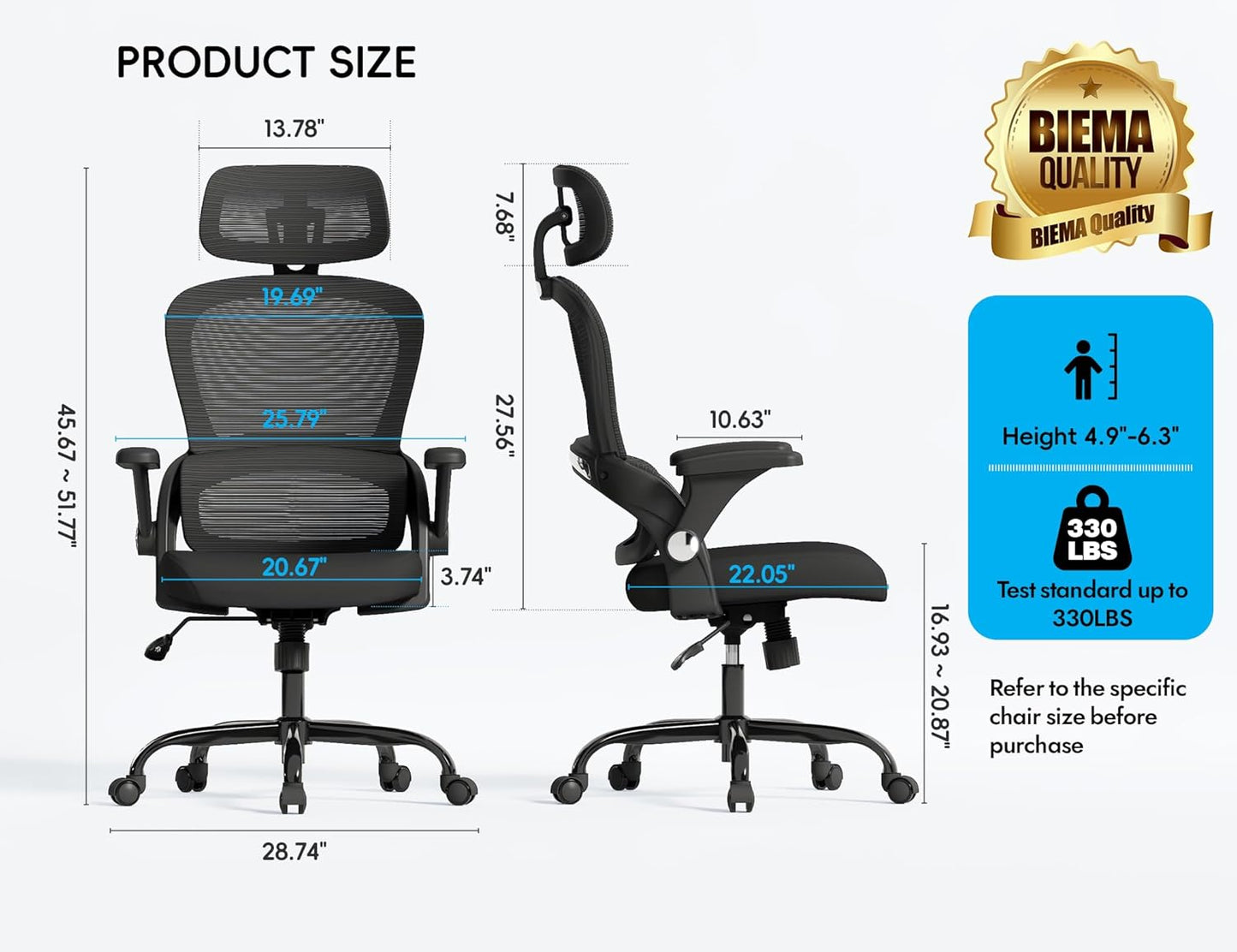TRALT Office Chair - Ergonomic Office Chair with Back Support, Computer Chair - Home Office Desk Chairs, 330lbs Wide Seat Big and Tall Office Chairs with Headrest, Comfy Desk Chairs