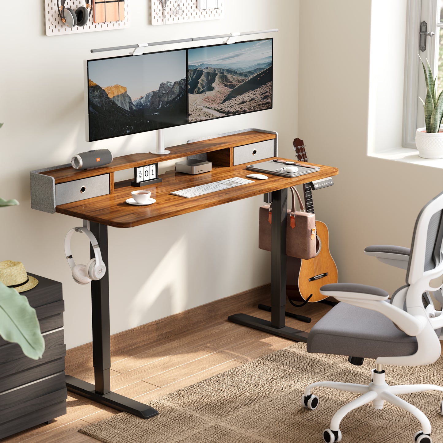TRALT Electric Standing Desk 48 Inch Height with 2 Drawers-Adjustable Height Desk with Storage Shelf - Sit Stand Up Workstation