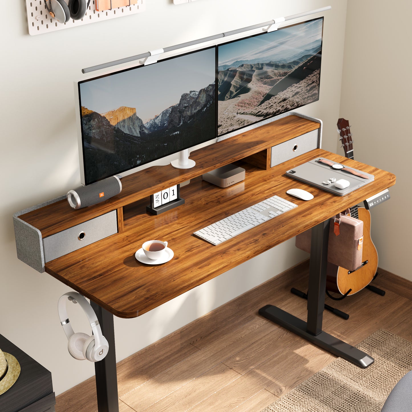 TRALT Electric Standing Desk 48 Inch Height with 2 Drawers-Adjustable Height Desk with Storage Shelf - Sit Stand Up Workstation