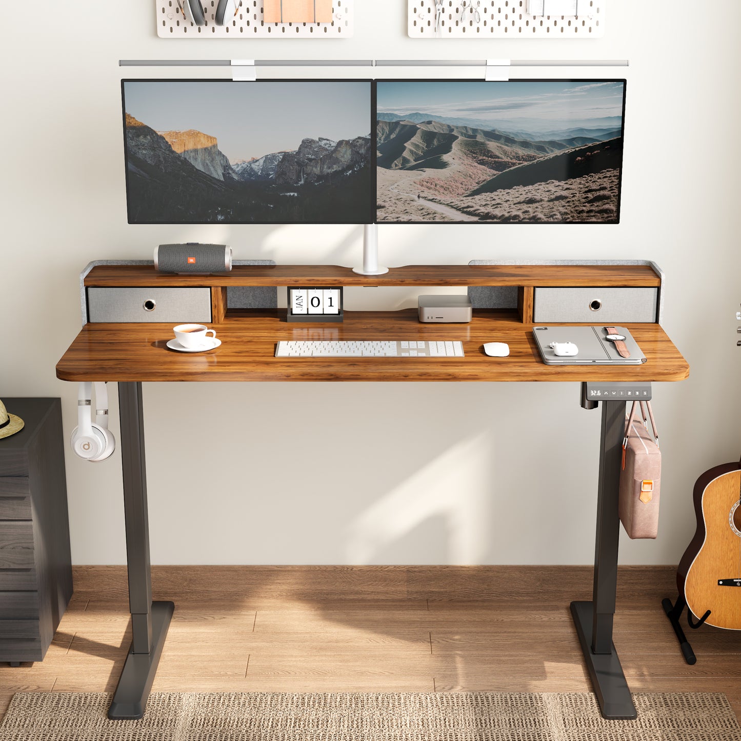 TRALT Electric Standing Desk 48 Inch Height with 2 Drawers-Adjustable Height Desk with Storage Shelf - Sit Stand Up Workstation