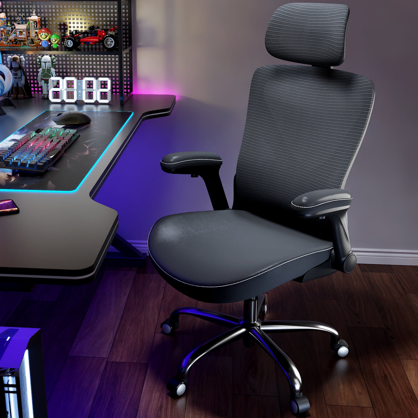 Ergonomic Office Chair-Computer X-Shaped Chair Mesh PU Leather with Adjustable Lumbar Support-Executive Desk Chair High Back with Headrest Flip-Up Arms for Long Hours