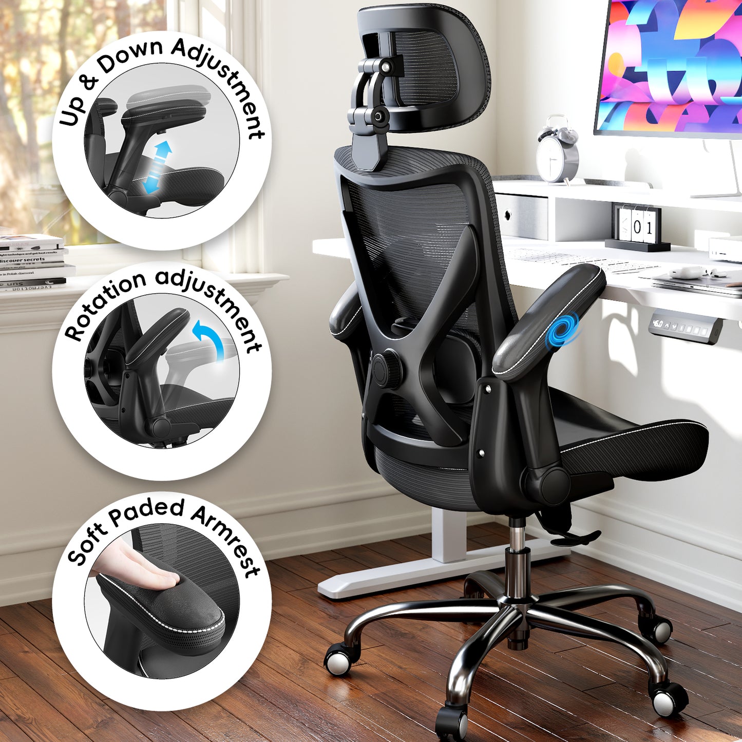 Ergonomic Office Chair-Computer X-Shaped Chair Mesh PU Leather with Adjustable Lumbar Support-Executive Desk Chair High Back with Headrest Flip-Up Arms for Long Hours
