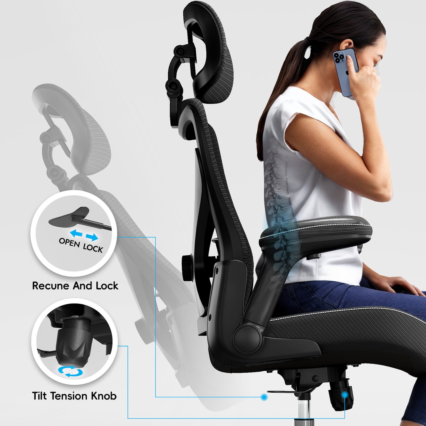 Ergonomic Office Chair-Computer X-Shaped Chair Mesh PU Leather with Adjustable Lumbar Support-Executive Desk Chair High Back with Headrest Flip-Up Arms for Long Hours