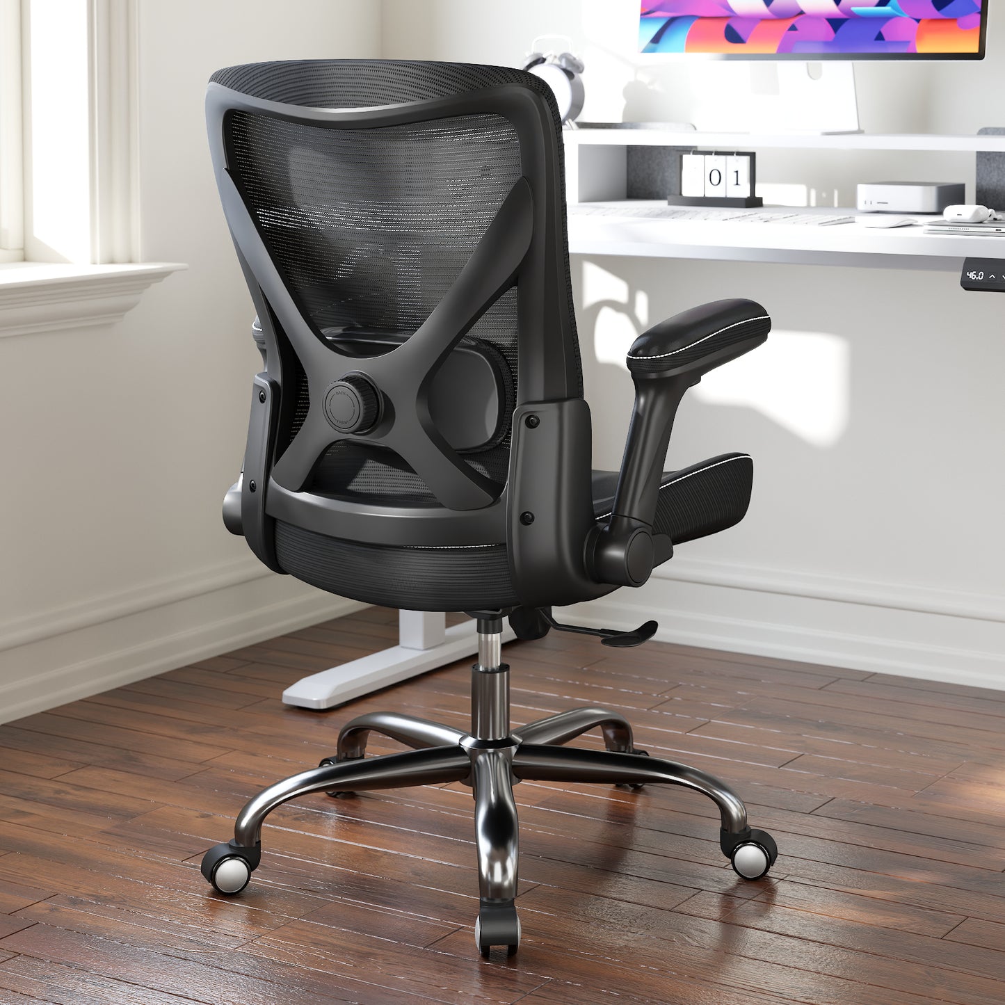 Ergonomic Office Chair-Computer PU Leather X-Shaped Desk Chair-Gaming Chair with Adjustable Flip-up Armrests Lumbar Support Mesh Executive Chair for Long Hours Office