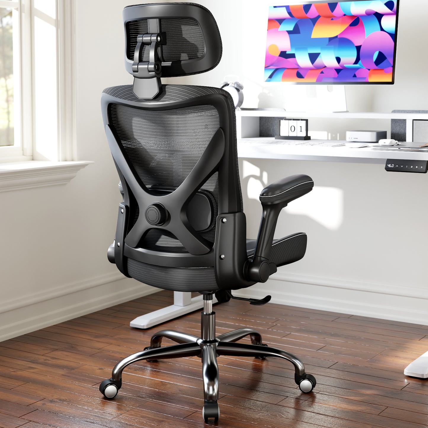 Ergonomic Office Chair-Computer X-Shaped Chair Mesh PU Leather with Adjustable Lumbar Support-Executive Desk Chair High Back with Headrest Flip-Up Arms for Long Hours