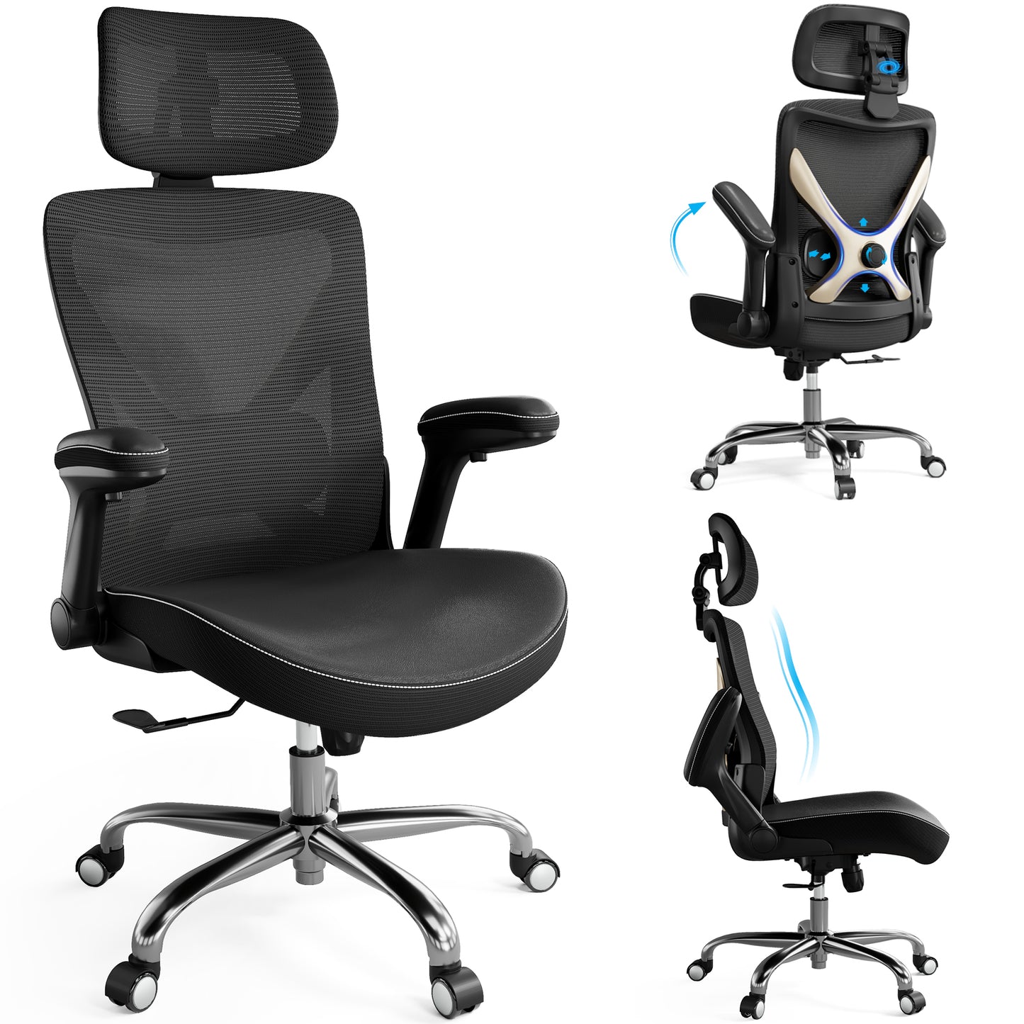Ergonomic Office Chair-Computer X-Shaped Chair Mesh PU Leather with Adjustable Lumbar Support-Executive Desk Chair High Back with Headrest Flip-Up Arms for Long Hours