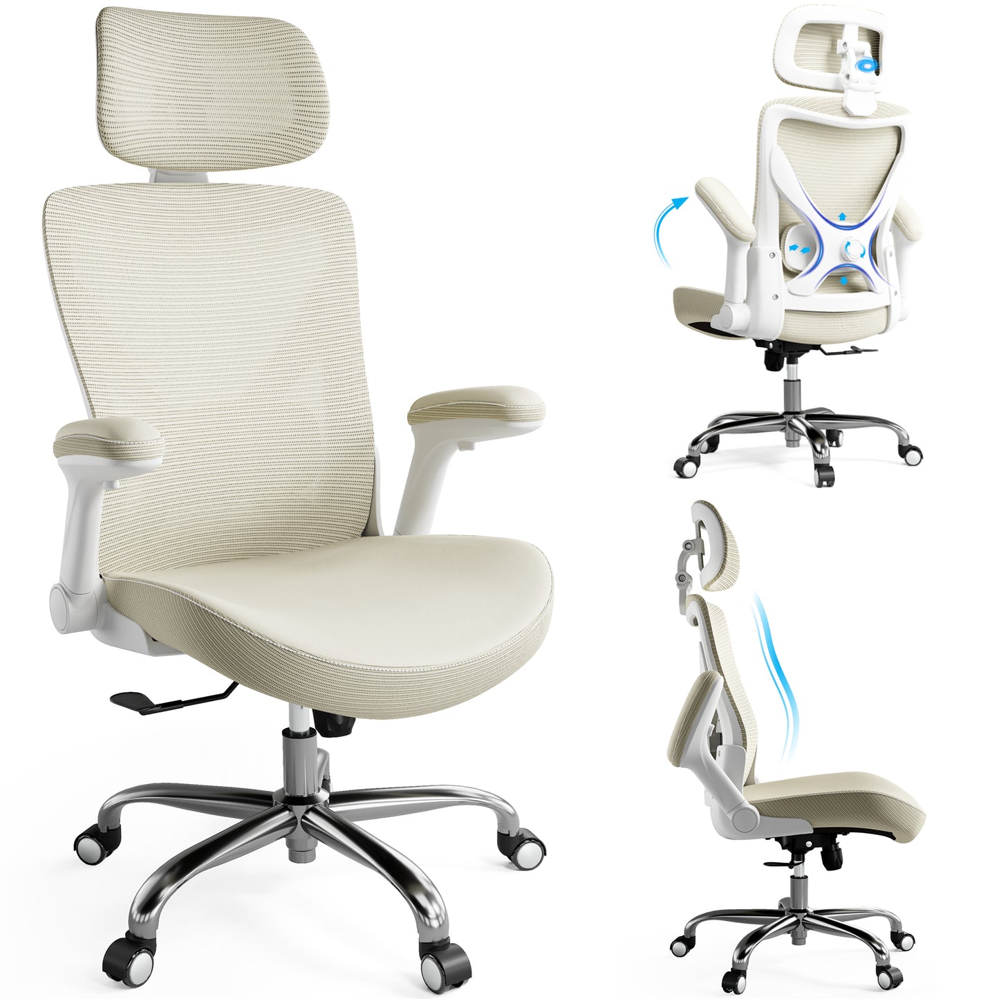 Ergonomic Office Chair-Computer X-Shaped Chair Mesh PU Leather with Adjustable Lumbar Support-Executive Desk Chair High Back with Headrest Flip-Up Arms for Long Hours