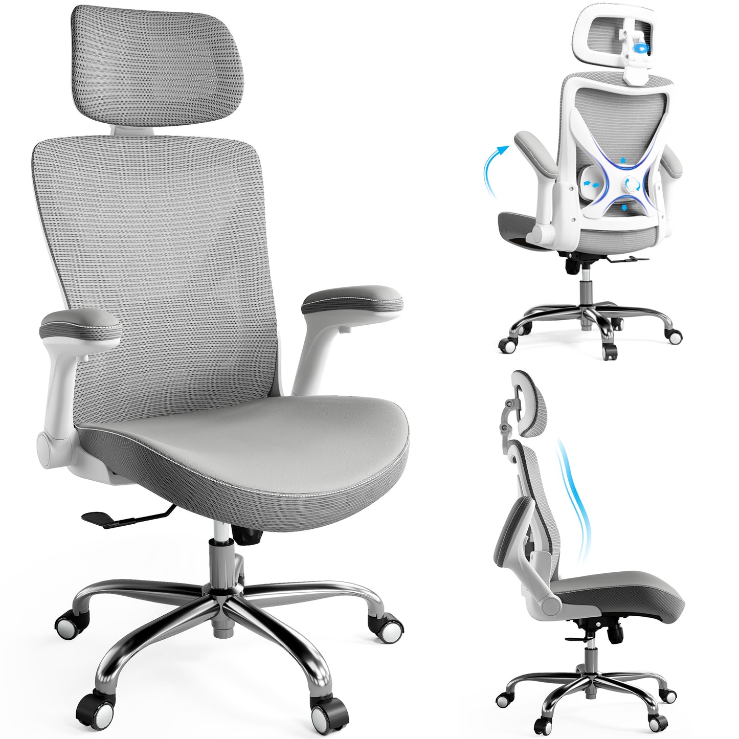 Ergonomic Office Chair-Computer X-Shaped Chair Mesh PU Leather with Adjustable Lumbar Support-Executive Desk Chair High Back with Headrest Flip-Up Arms for Long Hours