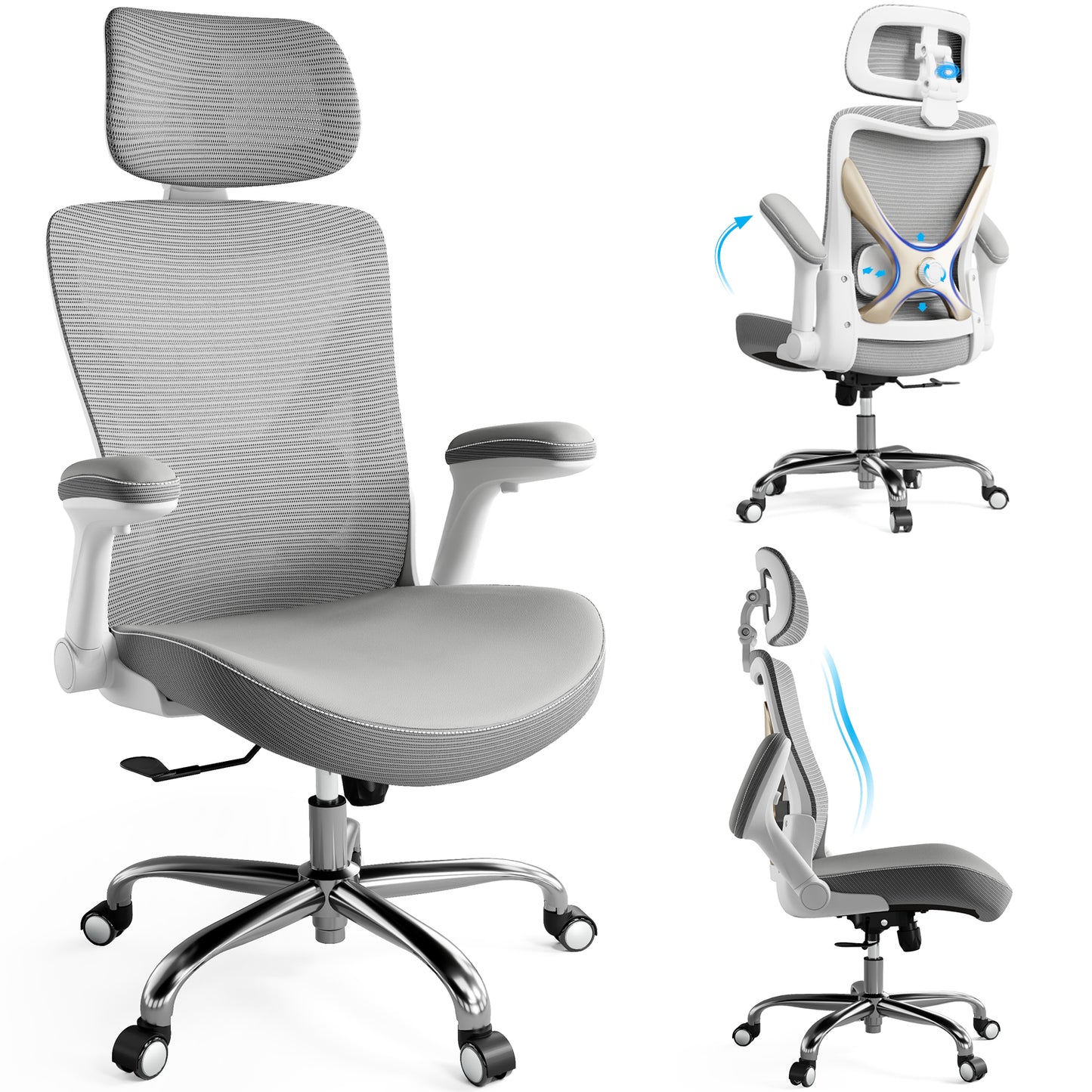 Ergonomic Office Chair-Computer X-Shaped Chair Mesh PU Leather with Adjustable Lumbar Support-Executive Desk Chair High Back with Headrest Flip-Up Arms for Long Hours