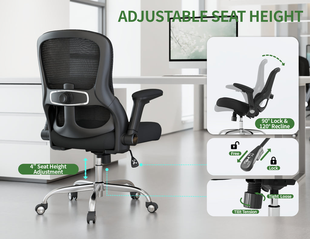 Office Chair Ergonomic Desk Chair Comfy: 400LBS Mesh Computer Chair Ergonomic Gaming Chairs with Wheels Adjustable Lumbar Support and Flip up Armrest-Swivel Executive Chairs Long Hours(Full Black)