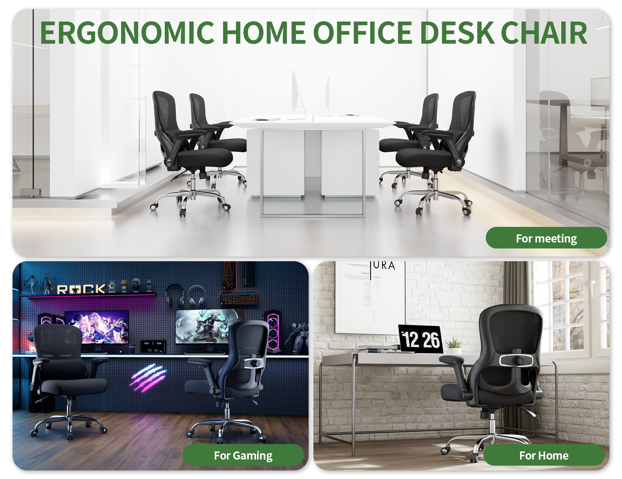 Office Chair Ergonomic Desk Chair Comfy: 400LBS Mesh Computer Chair Ergonomic Gaming Chairs with Wheels Adjustable Lumbar Support and Flip up Armrest-Swivel Executive Chairs Long Hours(Full Black)