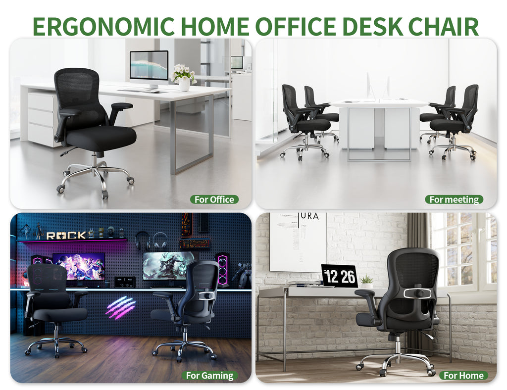 Office Chair Ergonomic Desk Chair Comfy: 400LBS Mesh Computer Chair Ergonomic Gaming Chairs with Wheels Adjustable Lumbar Support and Flip up Armrest-Swivel Executive Chairs Long Hours(Full Black)