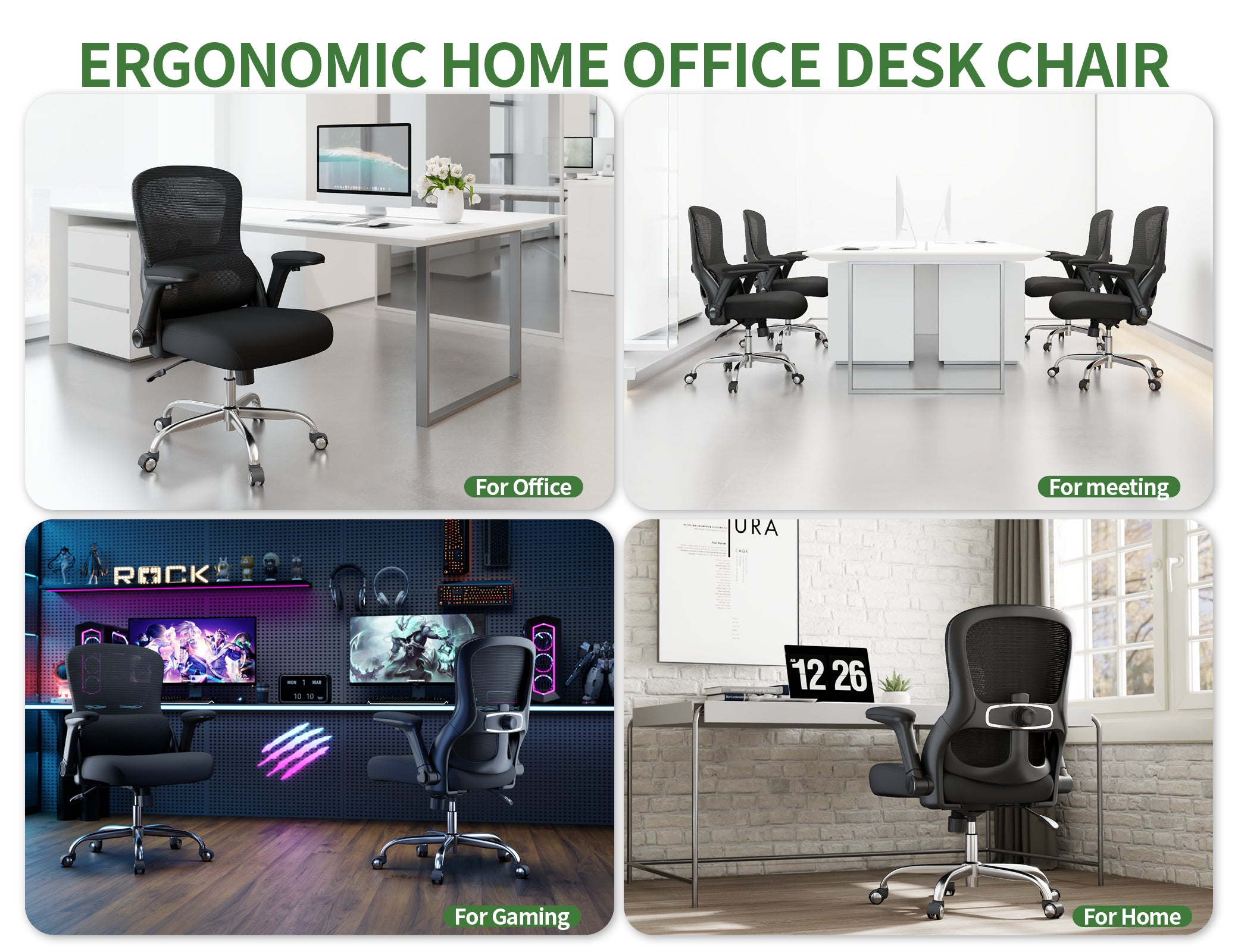 Office Chair Ergonomic Desk Chair Comfy: 400LBS Mesh Computer Chair Ergonomic Gaming Chairs with Wheels Adjustable Lumbar Support and Flip up Armrest-Swivel Executive Chairs Long Hours(Full Black)