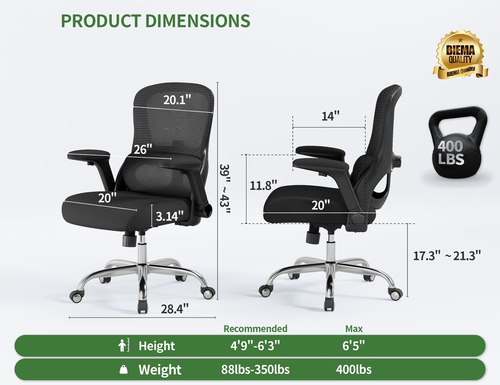 Office Chair Ergonomic Desk Chair Comfy: 400LBS Mesh Computer Chair Ergonomic Gaming Chairs with Wheels Adjustable Lumbar Support and Flip up Armrest-Swivel Executive Chairs Long Hours(Full Black)