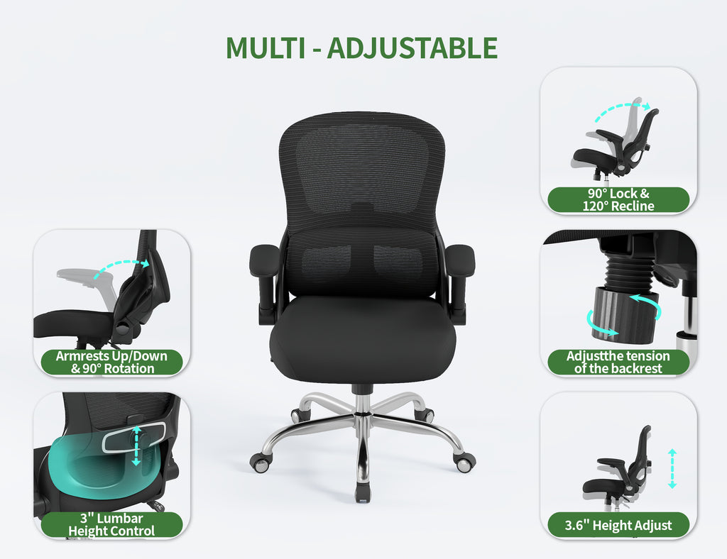 Office Chair Ergonomic Desk Chair Comfy: 400LBS Mesh Computer Chair Ergonomic Gaming Chairs with Wheels Adjustable Lumbar Support and Flip up Armrest-Swivel Executive Chairs Long Hours(Full Black)