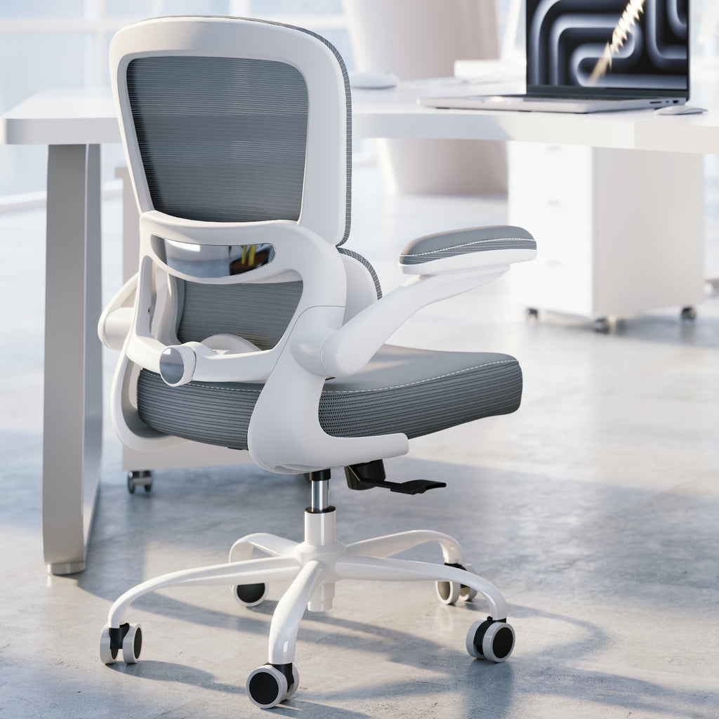 TRALT Ergonomic Office Chair - Desk Chair with Adjustable Lumbar Support Computer Chair - Mesh Comfy Chair with Flip-up Armrests - Gaming Chairs for Adults Home Office (Leather, White)