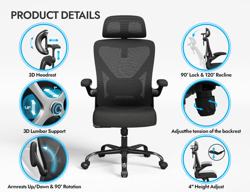 Ergonomic Office Chair - Mesh Desk Chair with Adjustable Lumbar Support High Back Computer Gaming Chairs - Big and Tall Office Chairs Adults, Comfortable for Long Hours