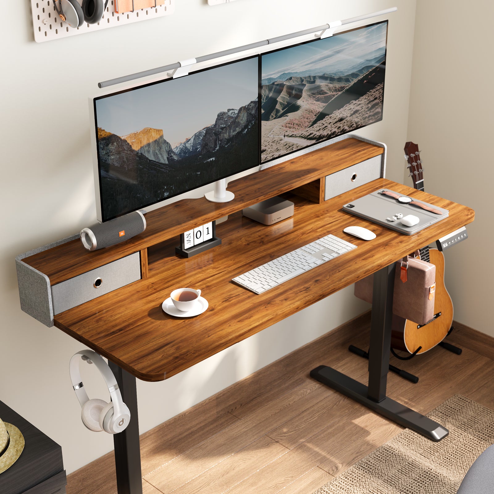 TRALT Electric Standing Desk 48 Inch Height with 2 Drawers-Adjustable Height Desk with Storage Shelf - Sit Stand Up Workstation