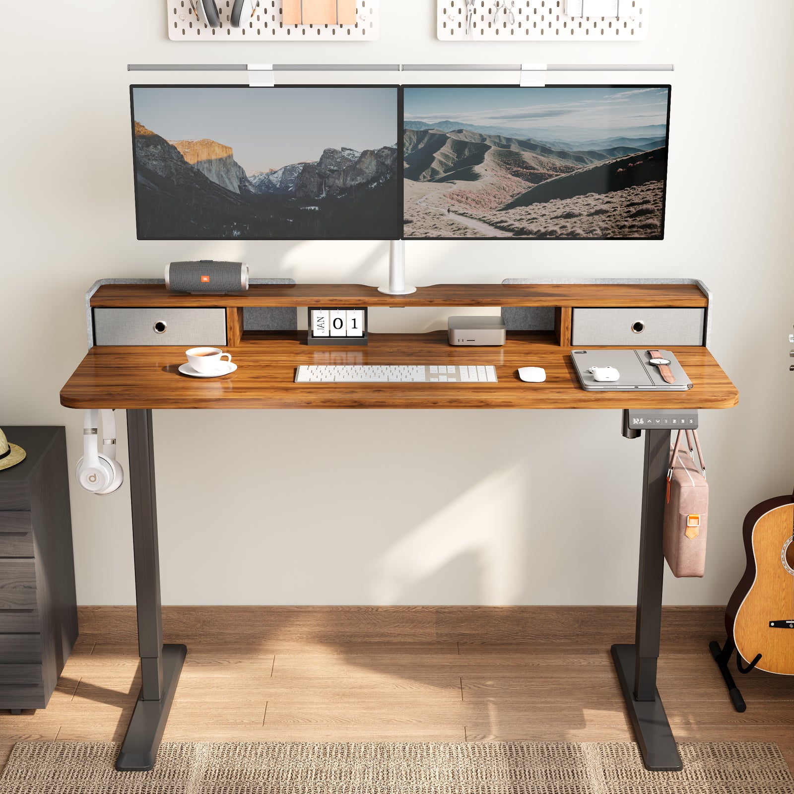 TRALT Electric Standing Desk 48 Inch Height with 2 Drawers-Adjustable Height Desk with Storage Shelf - Sit Stand Up Workstation