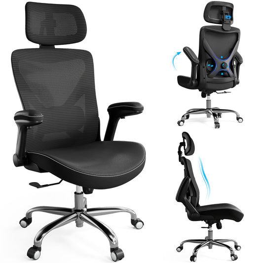 Ergonomic Office Chair-Computer X-Shaped Chair Mesh PU Leather with Adjustable Lumbar Support-Executive Desk Chair High Back with Headrest Flip-Up Arms for Long Hours