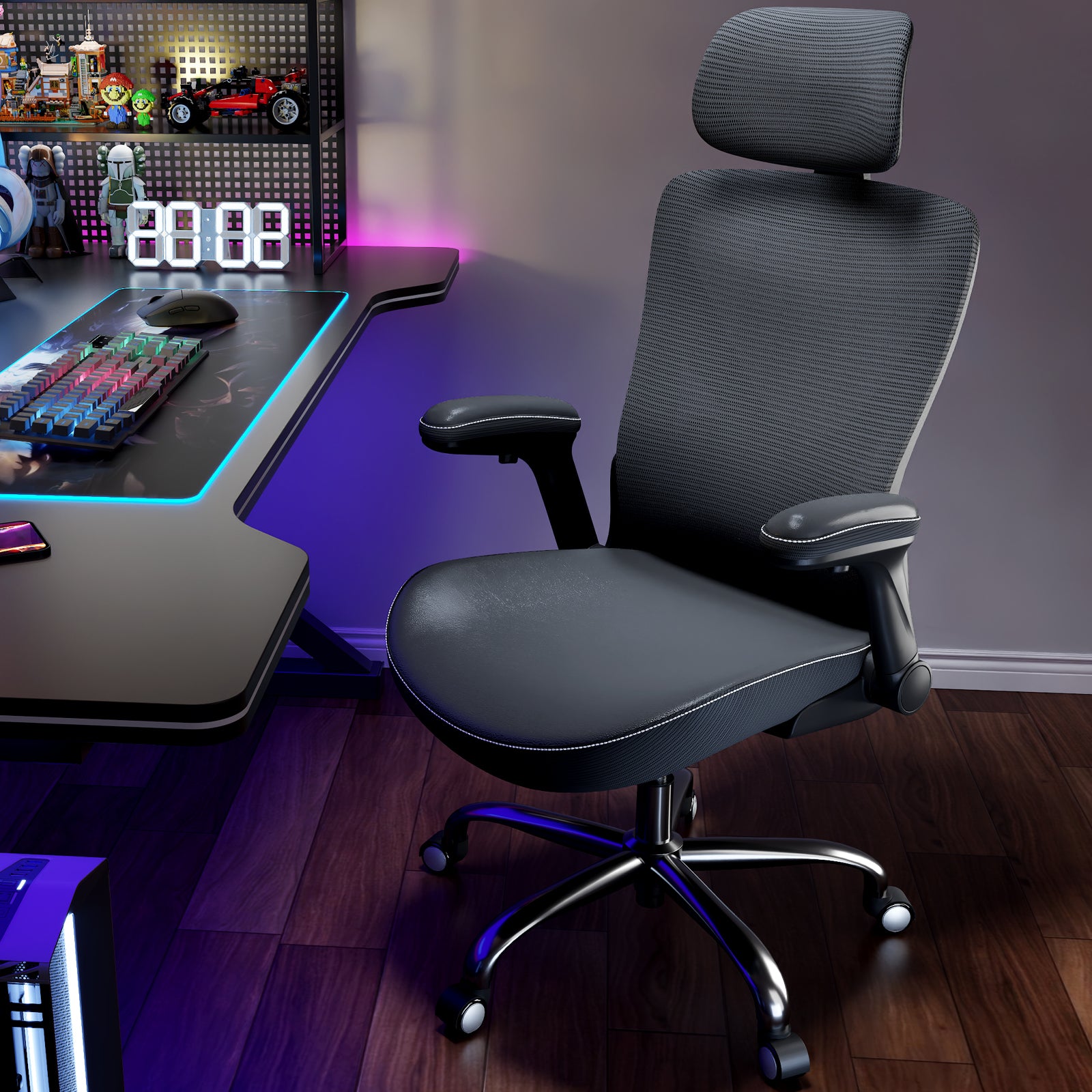 Ergonomic Office Chair-Computer X-Shaped Chair Mesh PU Leather with Adjustable Lumbar Support-Executive Desk Chair High Back with Headrest Flip-Up Arms for Long Hours