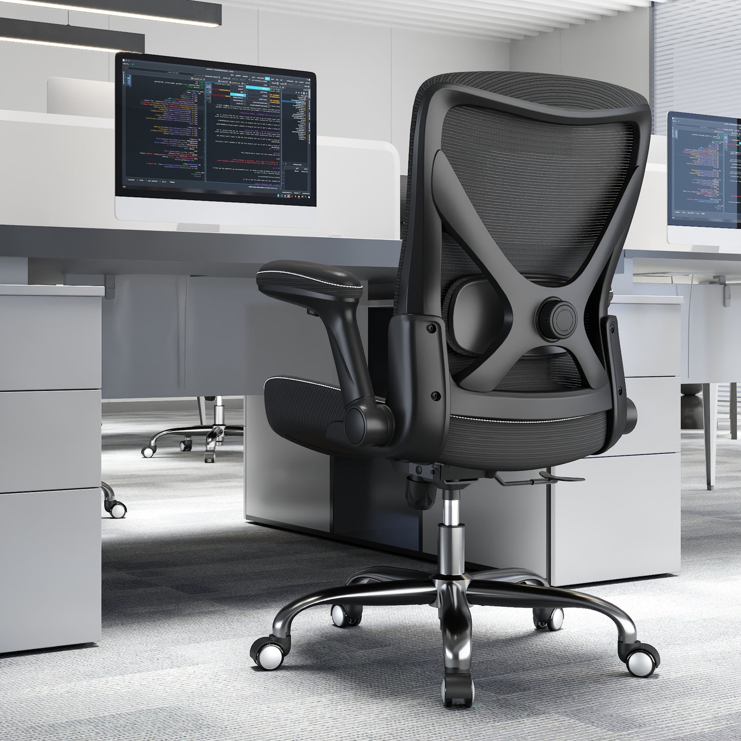 Ergonomic Office Chair-Computer PU Leather X-Shaped Desk Chair-Gaming Chair with Adjustable Flip-up Armrests Lumbar Support Mesh Executive Chair for Long Hours Office