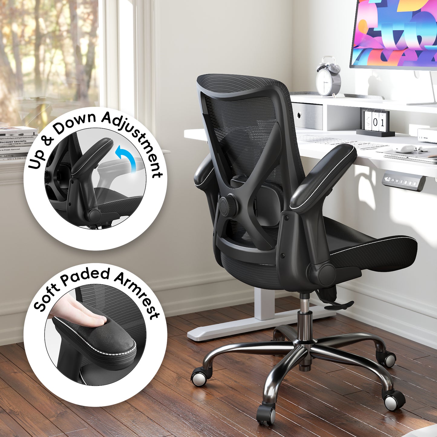Ergonomic Office Chair-Computer PU Leather X-Shaped Desk Chair-Gaming Chair with Adjustable Flip-up Armrests Lumbar Support Mesh Executive Chair for Long Hours Office