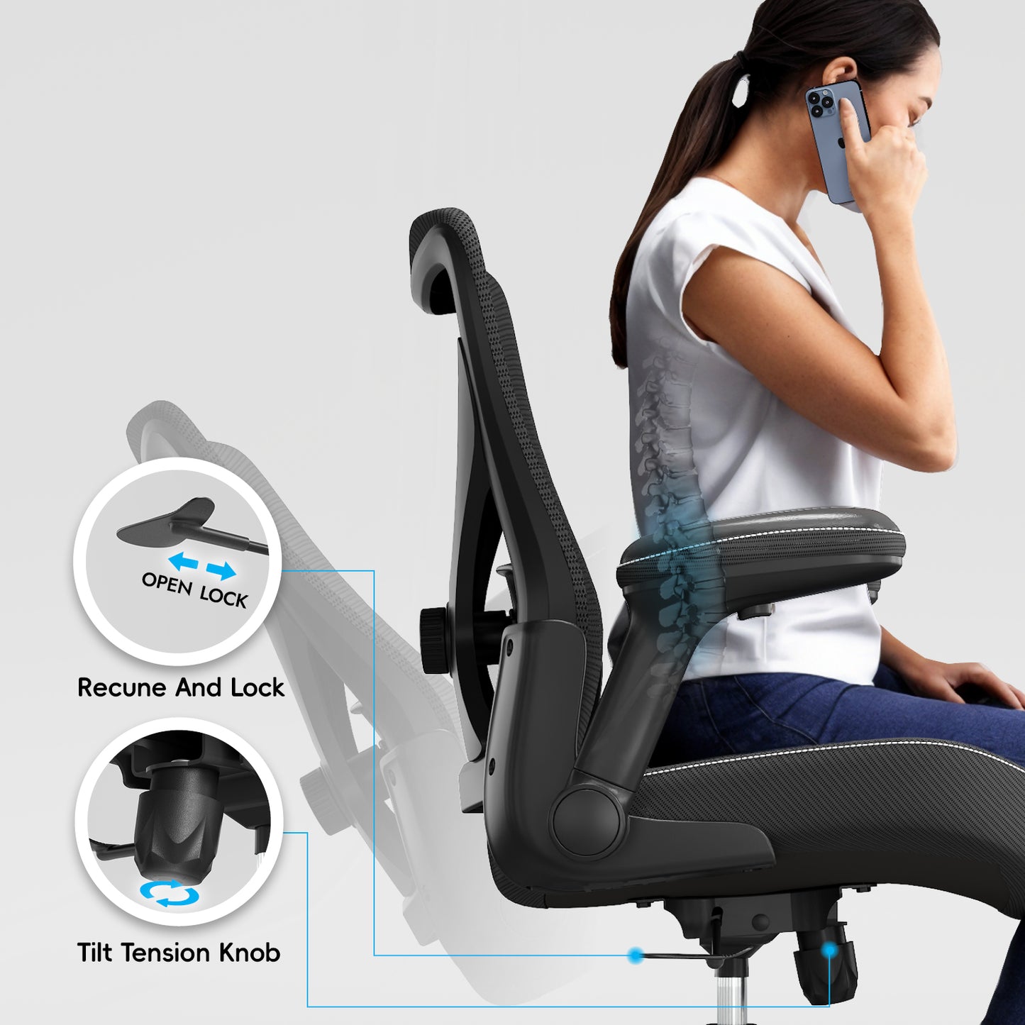 Ergonomic Office Chair-Computer PU Leather X-Shaped Desk Chair-Gaming Chair with Adjustable Flip-up Armrests Lumbar Support Mesh Executive Chair for Long Hours Office