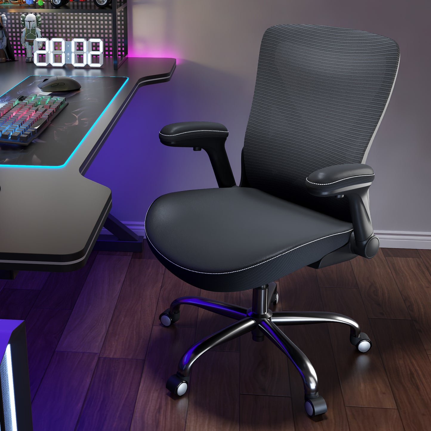 Ergonomic Office Chair-Computer PU Leather X-Shaped Desk Chair-Gaming Chair with Adjustable Flip-up Armrests Lumbar Support Mesh Executive Chair for Long Hours Office