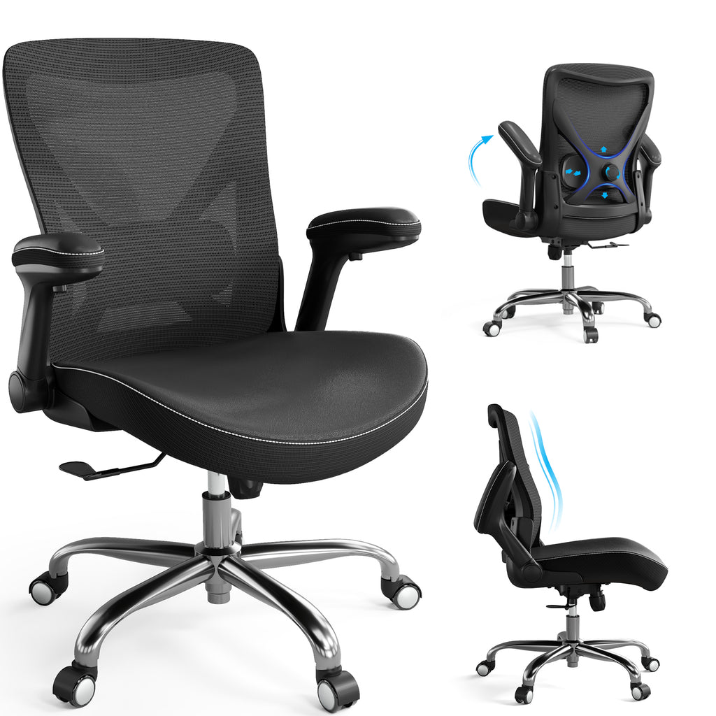 Ergonomic Office Chair-Computer PU Leather X-Shaped Desk Chair-Gaming Chair with Adjustable Flip-up Armrests Lumbar Support Mesh Executive Chair for Long Hours Office