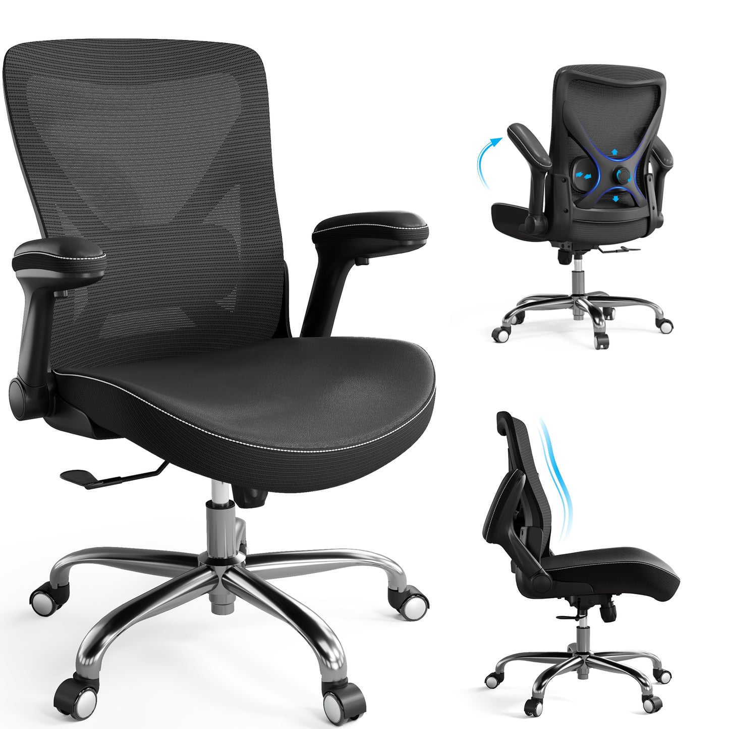 Ergonomic Office Chair-Computer PU Leather X-Shaped Desk Chair-Gaming Chair with Adjustable Flip-up Armrests Lumbar Support Mesh Executive Chair for Long Hours Office