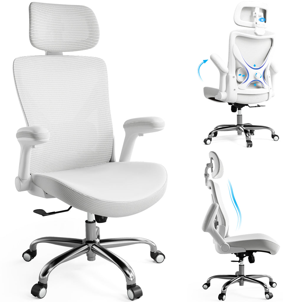 Ergonomic Office Chair-Computer X-Shaped Chair Mesh PU Leather with Adjustable Lumbar Support-Executive Desk Chair High Back with Headrest Flip-Up Arms for Long Hours