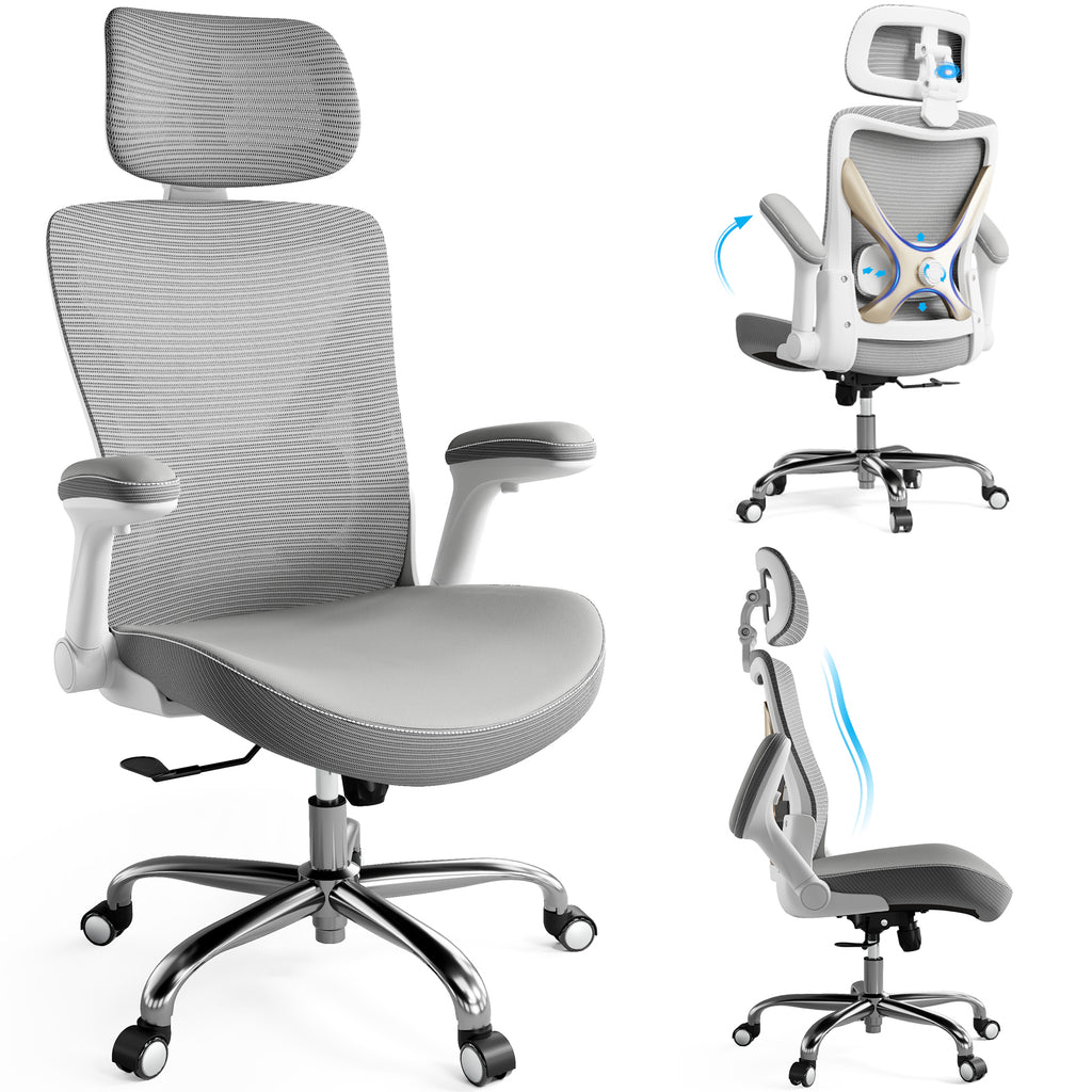 Ergonomic Office Chair-Computer X-Shaped Chair Mesh PU Leather with Adjustable Lumbar Support-Executive Desk Chair High Back with Headrest Flip-Up Arms for Long Hours
