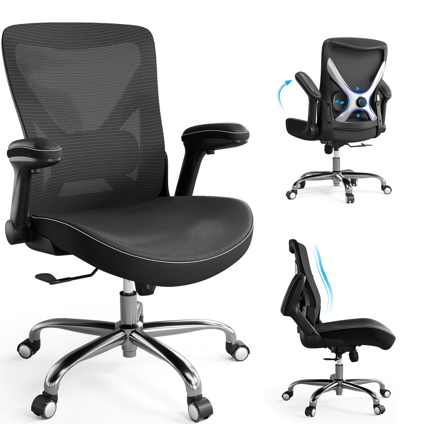 Ergonomic Office Chair-Computer PU Leather X-Shaped Desk Chair-Gaming Chair with Adjustable Flip-up Armrests Lumbar Support Mesh Executive Chair for Long Hours Office